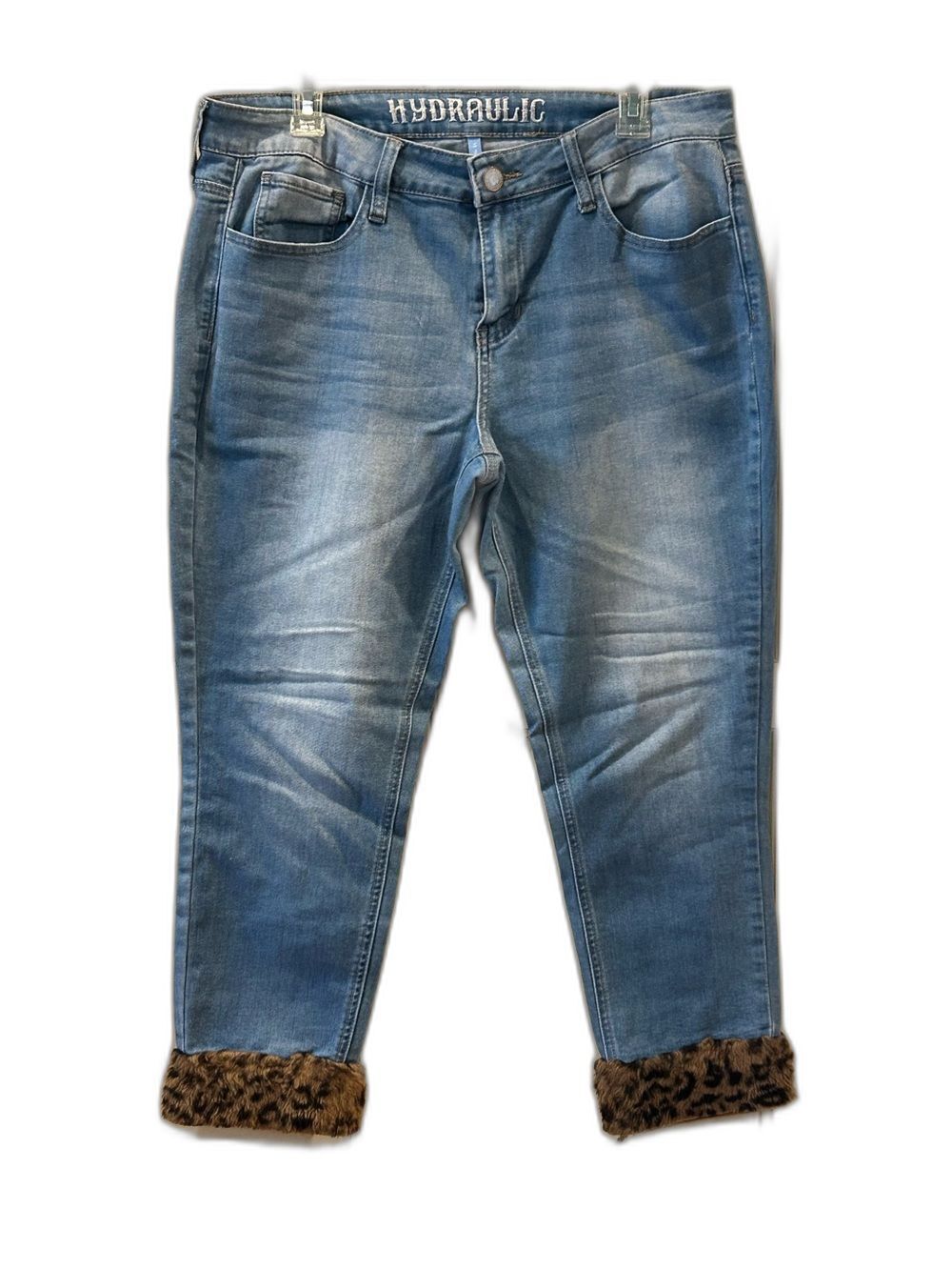 Hydraulic Light Blue Denim Ankle Jeans with Leopard Faux-Fur Cuffs